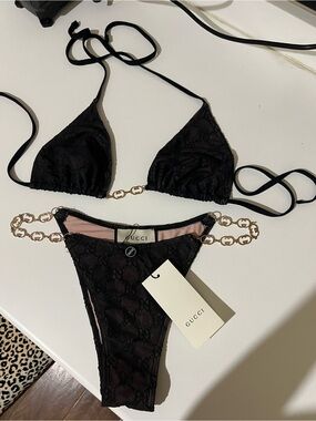 Gucci Black with Pink Lining Logo Lace Top